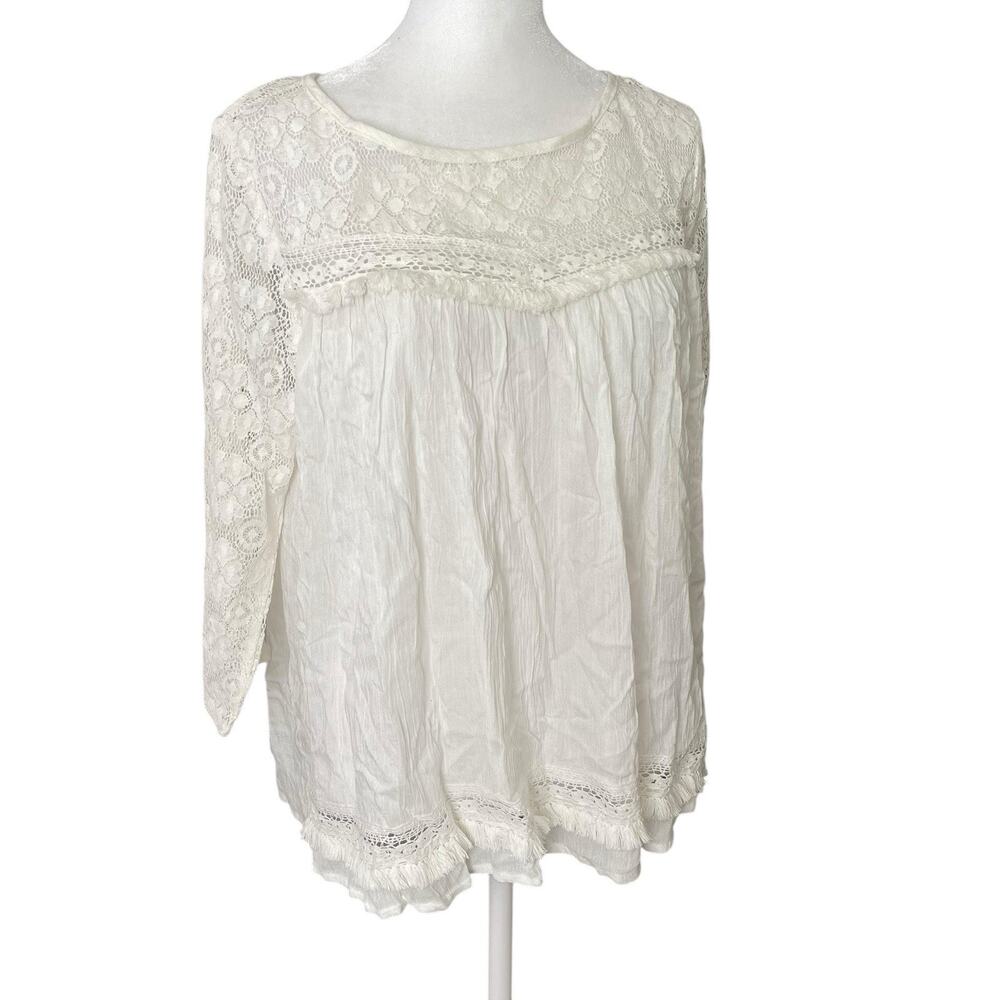 NWT Umgee Womens Small Peasant Blouse White Open Back Fringe Flowy Top Boho - Picture 4 of 11